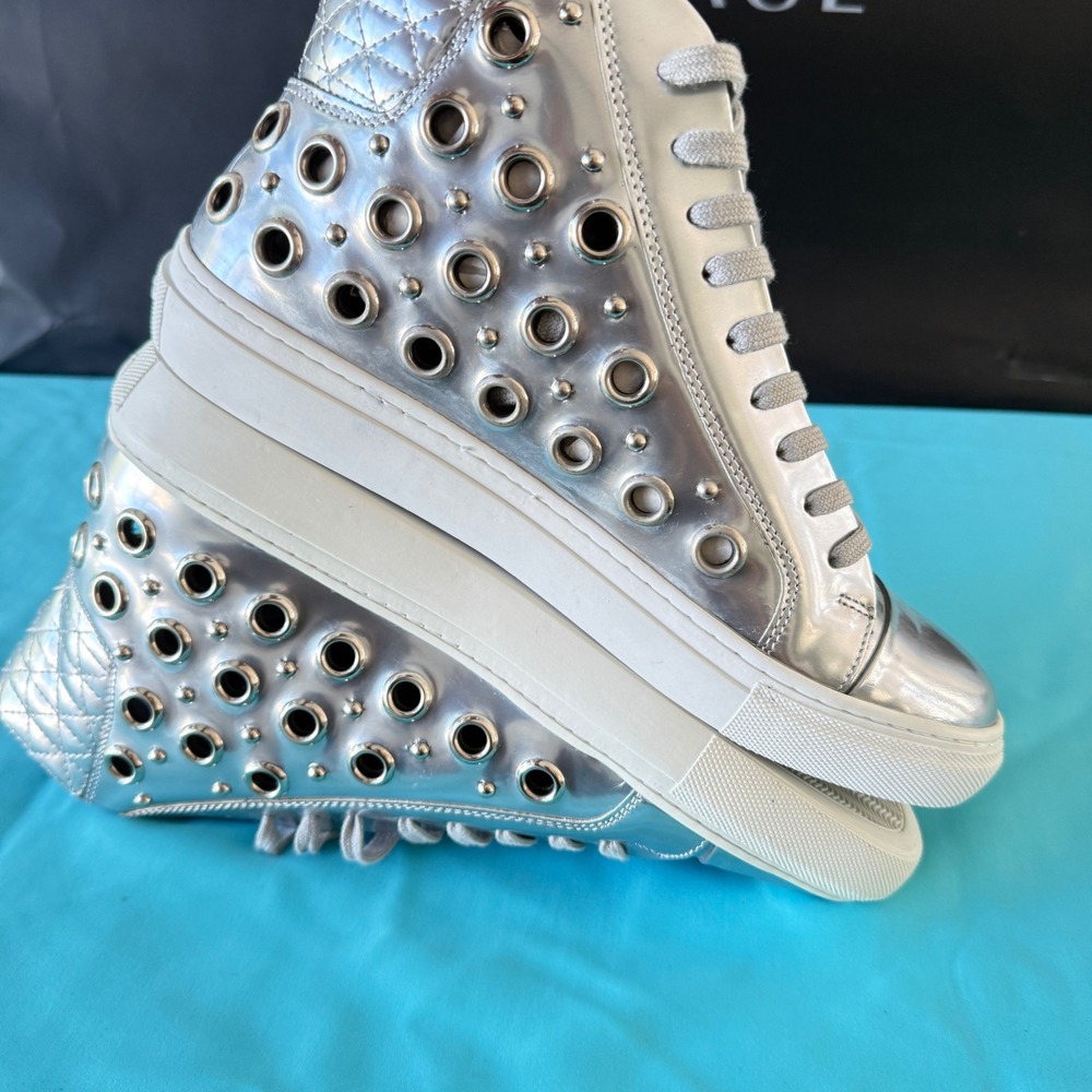 Versace Versus Men's Silver Riveted High Top‎ Leather Sneakers, 39 - Picture 11 of 15